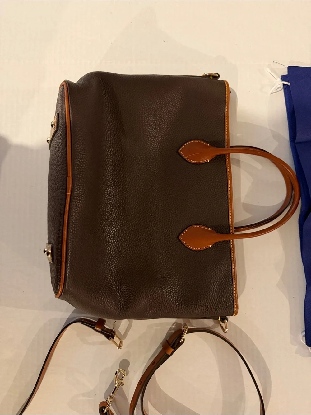 Dooney & Bourke Inspired Brown Leather Satchel with Tan Trim